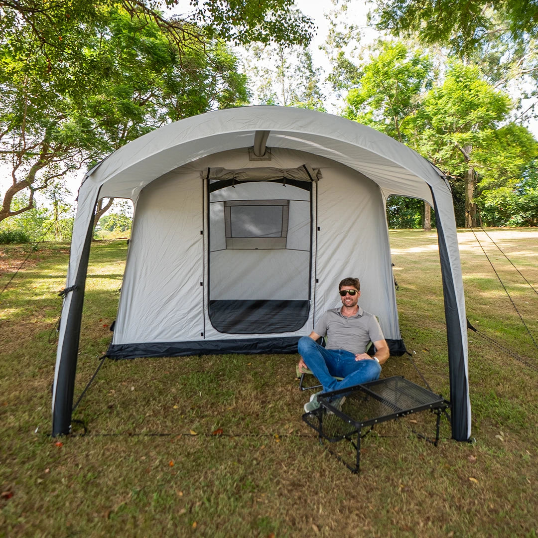 Often Sunday family tent pitched on grass, front canopy shading the entrance