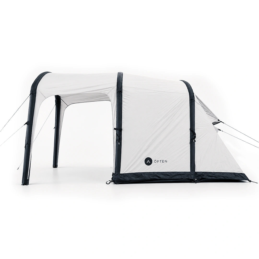 Often Sunday tent from the side with the front canopy awning extended on its support poles