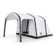 Often Sunday inflatable tunnel tent in white with black trim, front canopy awning open and the mesh door unzipped