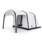 Often Sunday inflatable tunnel tent in white with black trim, front canopy awning open and the mesh door unzipped