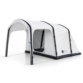 Often Sunday inflatable tunnel tent in white with black trim, front canopy awning open and the mesh door unzipped