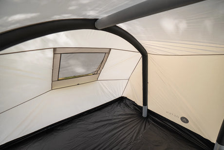 Inside the Often Sunday: inner room window, overhead air beam and dark PE groundsheet