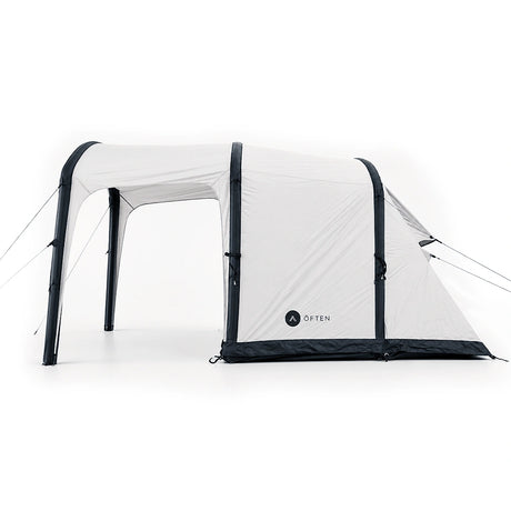 Often Sunday tent from the side with the front canopy awning extended on its support poles