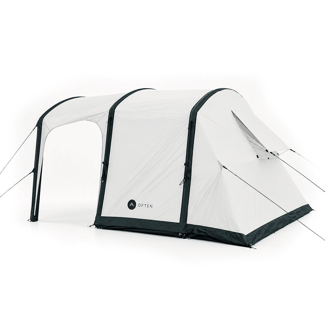 Rear view of the Often Sunday tunnel tent showing the sealed inner room and staked guy lines