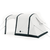 Rear view of the Often Sunday tunnel tent showing the sealed inner room and staked guy lines