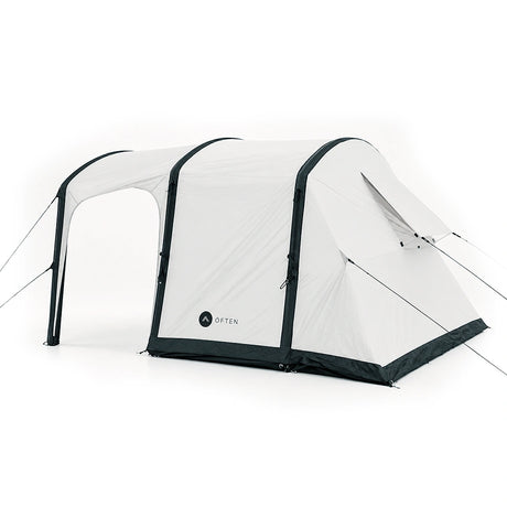 Rear view of the Often Sunday tunnel tent showing the sealed inner room and staked guy lines