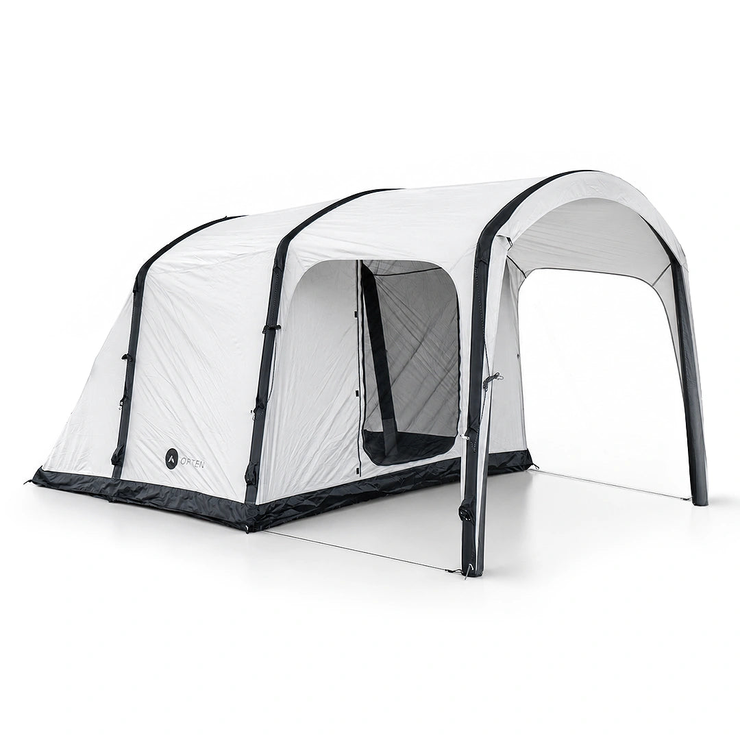 Often Sunday tent with the side panel opened up beneath the canopy awning
