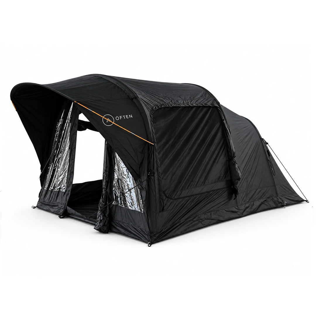 Often Raven black inflatable tunnel tent with the front room open and the clear PVC panels folded back
