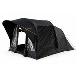 Often Raven black inflatable tunnel tent with the front room open and the clear PVC panels folded back