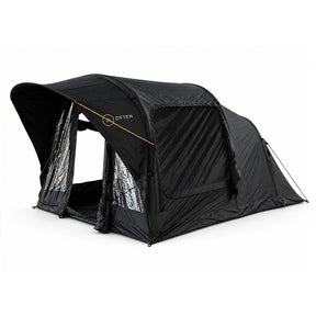 Often Raven black inflatable tunnel tent with the front room open and the clear PVC panels folded back