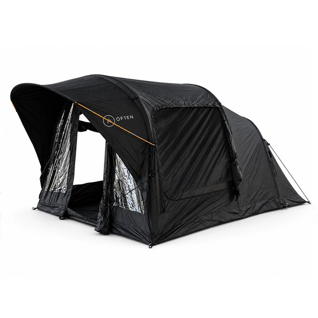 Often Raven black inflatable tunnel tent with the front room open and the clear PVC panels folded back
