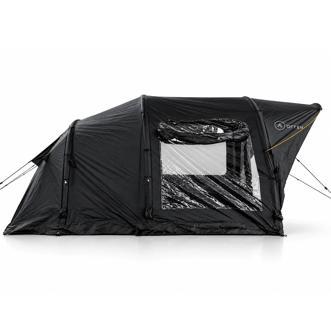 Side profile of the Often Raven, 490 cm end to end, with a clear PVC window and rolled curtain