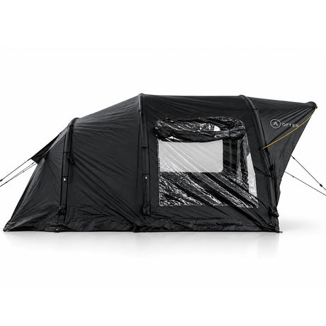 Side profile of the Often Raven, 490 cm end to end, with a clear PVC window and rolled curtain