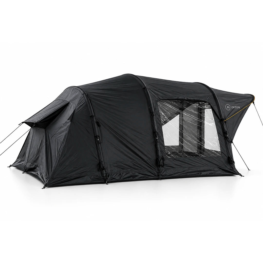 Often Raven black tunnel tent showing the clear PVC window panels along the side