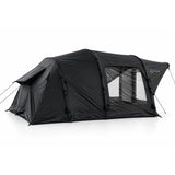 Often Raven black tunnel tent showing the clear PVC window panels along the side
