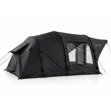 Often Raven black tunnel tent showing the clear PVC window panels along the side