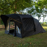 Often Raven set up under trees with the front room open and the awning tongue over the door
